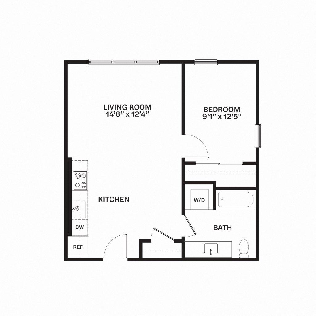 Floor plan for 1 bed, 1 bath, 652 sqft